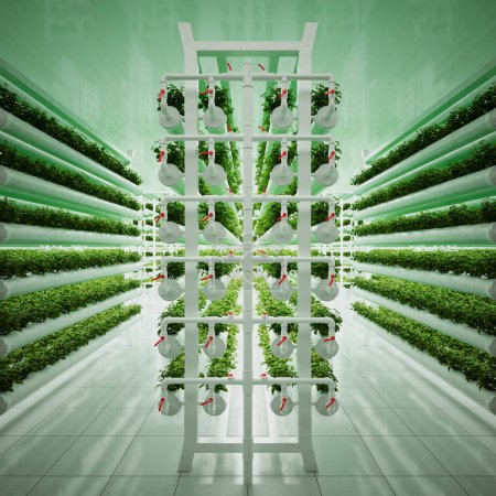 Inside an advanced vertical farming facility implementing hydroponics for growing plants using mineral nutrient solutions in water, without soil.