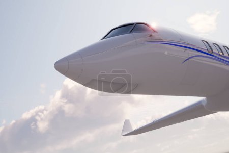 Foto de Imágenes nítidas y cercanas del perfil frontal de un lujoso jet privado, enfatizando la cabina contra un cielo azul claro y expansivo, simbolizando la opulencia en los viajes aéreos modernos. - Imagen libre de derechos