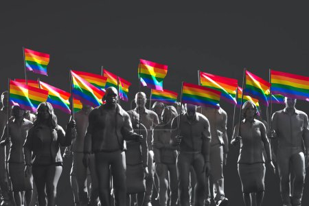 Une scène jubilatoire se déroule alors qu'une foule diversifiée marche dans le défilé de fierté LGBTQ +, brandissant des drapeaux arc-en-ciel vifs pour célébrer l'identité, l'égalité et l'unité.