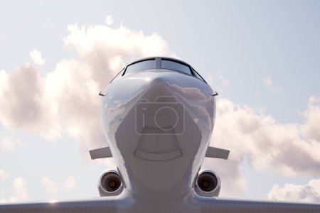 Foto de Vista frontal cautivadora de un lujoso jet privado de negocios situado en la pista, enmarcado por un dramático telón de fondo de vibrantes cielos nublados y esperando la salida. - Imagen libre de derechos