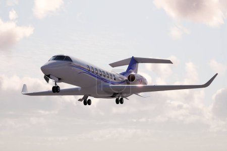 Vista cautivadora de un opulento jet privado en vuelo, que simboliza el epítome del viaje aéreo de lujo y la movilidad exclusiva en un mundo de riqueza y sofisticación.