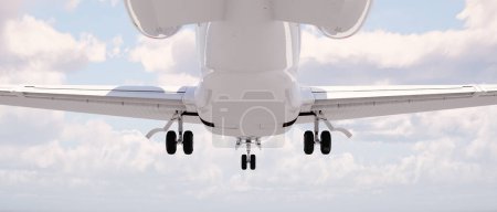 Eine detaillierte Perspektive auf das Fahrwerk eines Passagierjets mit vollständig entfalteten Rädern, bereit zur Landung, aufgenommen vor einem kontrastierenden blauen Himmel mit weichen, baumwollartigen Wolken.