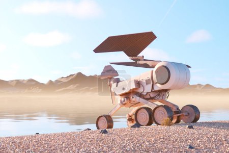 Foto de Una cautivadora pieza de arte digital con un solitario rover en las orillas de un lago marciano, retroiluminado por los suaves tonos del amanecer en medio de un paisaje desértico de otro mundo. - Imagen libre de derechos