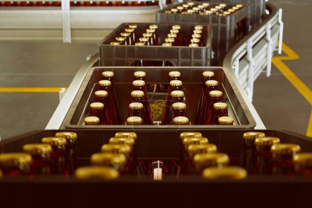 Foto de Una mirada interior a una fábrica de embotellado de cerveza bulliciosa, mostrando un moderno sistema de cinta transportadora ocupado con botellas de cerveza de ámbar selladas listas para su distribución. - Imagen libre de derechos