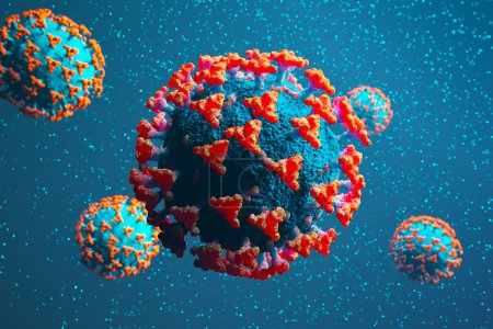 Strikingly detailed 3D illustration of viruses with prominent spike proteins against a deep blue background, symbolizing the microscopic threat and scientific study.