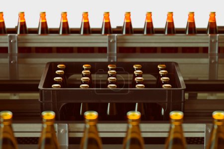 Embotellado de cerveza de precisión en una línea de transporte automatizada en una fábrica de cerveza a gran escala, mostrando técnicas de envasado y distribución de última generación.