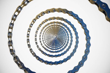 An intricate, digitally rendered illustration showcasing an eternal spiral of detailed bicycle chains, embodying concepts of perpetual motion and complex connections.