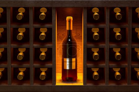 Photo for A uniquely lit, solitary wine bottle captivates amidst the shadows of an extensive rack collection in a rustic cellar, symbolizing exclusivity and vintage luxury. - Royalty Free Image