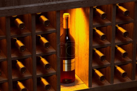 Foto de Una sola botella de vino se baña de luz dentro de una bodega oscura, destacándose en medio de un estante de madera lleno de selecciones vintage, exudando exclusividad y sabor refinado. - Imagen libre de derechos