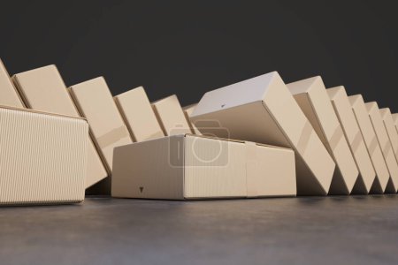 Photo for A meticulously ordered collection of white geometric-shaped cardboard boxes on a gray surface, with one revealing its interior, the symmetry slightly interrupted. - Royalty Free Image