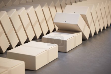 Una colección meticulosamente ordenada de cajas de cartón en forma geométrica blanca sobre una superficie gris, con una que revela su interior, la simetría ligeramente interrumpida.