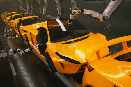 Precision-driven robotic assembly line showcasing the meticulous manufacturing process of high-performance yellow sports cars, emphasizing state-of-the-art automation and engineering.