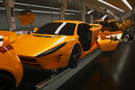 A striking yellow sports car gets pieced together by robotic arms within an ultramodern automated assembly line, showcasing industrial innovation and precision engineering.
