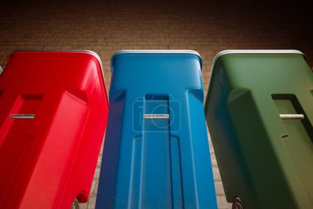 A lineup of vibrantly hued, red, blue, and green recycling bins with wheels, meticulously placed for trash sorting by a textured brick wall, illustrating urban waste management.