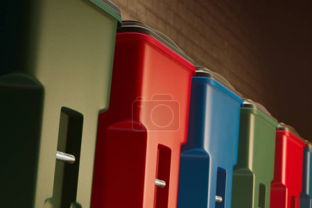 A striking arrangement of colorful red, blue, and green recycling dustbins line up diagonally against the contrasting texture of an old brick wall, emphasizing eco-responsibility.