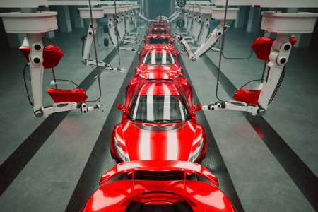 A gleaming red sports car progresses along a cutting-edge automated assembly line within a high-tech car manufacturing facility, showcasing industrial automation in action.