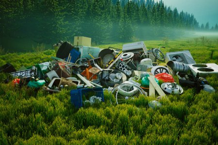 An alarming scene of environmental neglect, with a vast array of waste materialsfrom plastics to electronicsdefiling the beauty of a once-vibrant meadow
