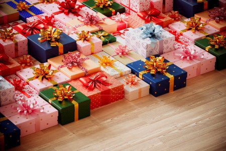 Photo for An array of beautifully wrapped gift boxes adorned with ribbons on a wooden floor, representing the spirit of generosity, festivities, and joyful celebrations. - Royalty Free Image
