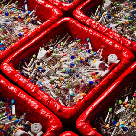Photo for An overfilled red biohazard bin containing various medical laboratory items, highlighting the challenges of effective waste disposal and management in healthcare settings. - Royalty Free Image