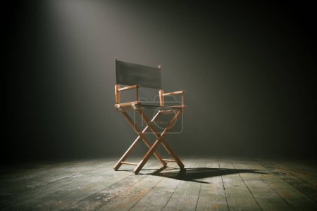 Une chaise de réalisateur solitaire baignée d'un projecteur saisissant, placée au centre de la scène avec une aura d'anticipation, évoque l'essence de la production théâtrale et cinématographique.