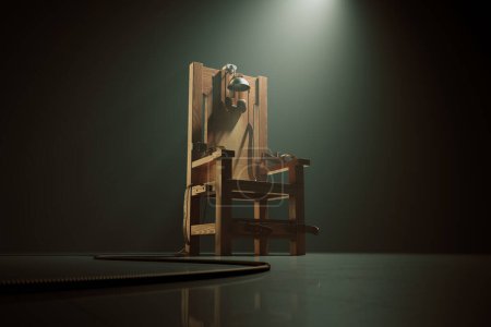 A spine-chilling vintage wooden electric chair, spotlighted amongst shadows, evokes historical tales of justice and punishment within a foreboding atmosphere.
