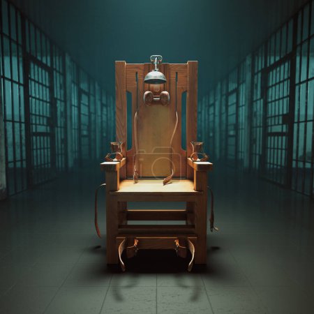 Téléchargez les photos : Une chaise électrique en bois glacée se trouve dans une solitude absolue au sein d'un bloc cellulaire sombre et inquiétant, évoquant les dures réalités de la peine capitale historique. - en image libre de droit