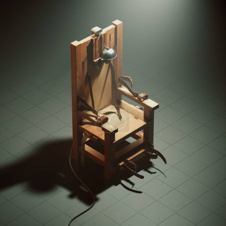 A chilling, antiquated electric chair stands stark and isolated against a dark and shadowy background, evoking a deep sense of foreboding and historical penal practices.