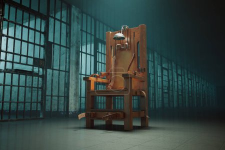 Téléchargez les photos : Un visuel puissant et effrayant capture une chaise électrique en bois abandonnée, nettement centrée dans une pièce sombre et hantée de la prison, avec des ombres déchirantes projetées par la lumière à travers des fenêtres barrées. - en image libre de droit