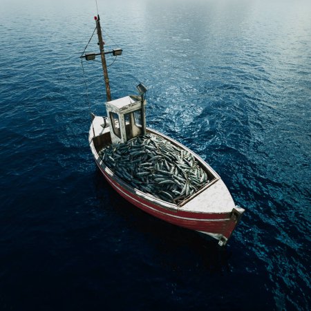 Captivating aerial snapshot of a compact fishing boat, its deck overflowing with a bountiful catch, set against the serene backdrop of the expansive blue ocean under a clear sky.