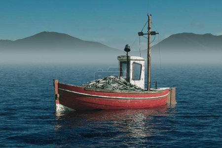 Téléchargez les photos : Un chalutier de pêche rouge vif transporte une prise fraîche sur la mer bleue sereine, sur fond de montagnes couvertes de brouillard et de ciel ouvert à l'aube. - en image libre de droit