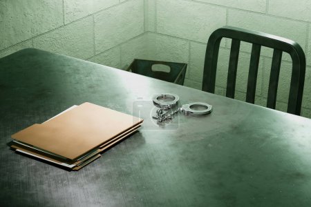 Téléchargez les photos : Une salle d'interrogatoire sombre avec une table en métal massif, des menottes en acier et une pile de dossiers juridiques, évoquant une image puissante des procédures d'application de la loi et de garde à vue. - en image libre de droit