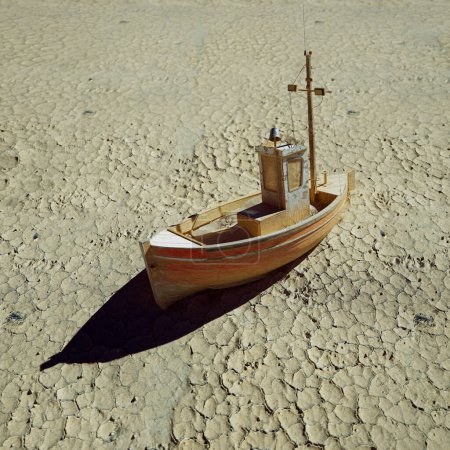 Starkes Bild eines isolierten Holzbootes auf trostlosem, rissigem Boden, das die schweren Auswirkungen von Dürre und Klimawandel anschaulich darstellt.