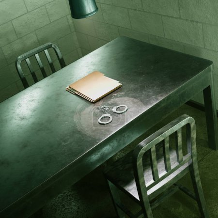 Photo for A starkly illuminated interrogation room furnished with a cold, steel table, secured handcuffs, and an official folder, evoking a scene of intense law-enforcement inquiry. - Royalty Free Image