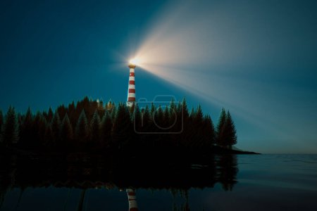 Téléchargez les photos : Vue captivante d'un phare au crépuscule, son puissant faisceau traversant le ciel sombre et réfléchissant sur des eaux tranquilles, entouré d'un feuillage verdoyant. - en image libre de droit