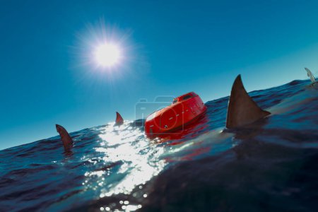 A red ship capsized amidst the shimmering blue waves, glaring sun above and multiple shark fins prowling nearby, hinting at the lurking danger beneath the ocean's surface.