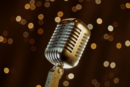 Photo for A retro-styled microphone stands out against a backdrop of warm bokeh lights, invoking the timeless essence of live musical performances and sophisticated recording sessions. - Royalty Free Image