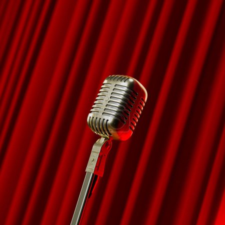 Téléchargez les photos : Un élégant microphone de style vintage avec une finition argentée polie se démarque nettement sur un fond rayé rouge et blanc frappant, résumant une époque révolue de divertissement. - en image libre de droit