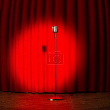 Téléchargez les photos : Un microphone vintage unique, baigné d'un projecteur chaud, se lève devant le rideau de velours rouge moelleux d'une scène de théâtre classique, préparant le terrain pour une performance intime. - en image libre de droit