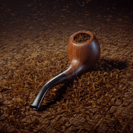 Photo for A handcrafted wooden smoking pipe filled with aromatic tobacco, positioned elegantly on a backdrop of finely shredded tobacco leaves, showcasing the essence of a timeless smoking tradition. - Royalty Free Image