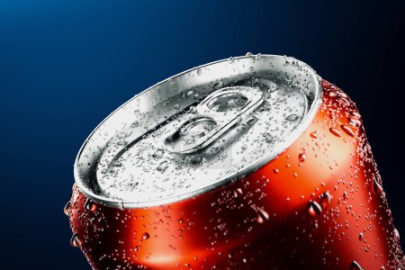 A striking close-up image showcasing a vibrant red soda can, beaded with refreshing condensation droplets, highlighting a concept of cool refreshment on a stark blue backdrop.