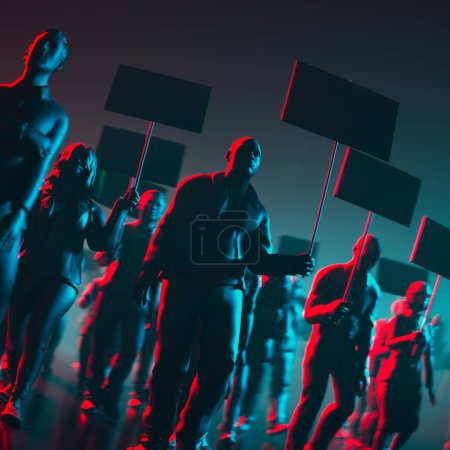 Eine bezwingende Gruppe silhouettierter Demonstranten in der Dämmerung, jedes mit leeren Transparenten, die den Geist des Aktivismus unter einem fesselnden Abendhimmel verkörpern.