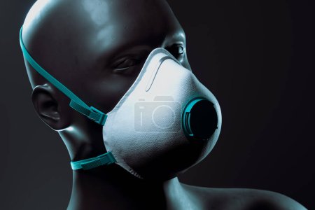 Téléchargez les photos : Image détaillée montrant une tête de mannequin ornée d'un masque respiratoire N95 doté d'un filtre latéral robuste, symbolisant l'importance de la protection avancée de la santé. - en image libre de droit