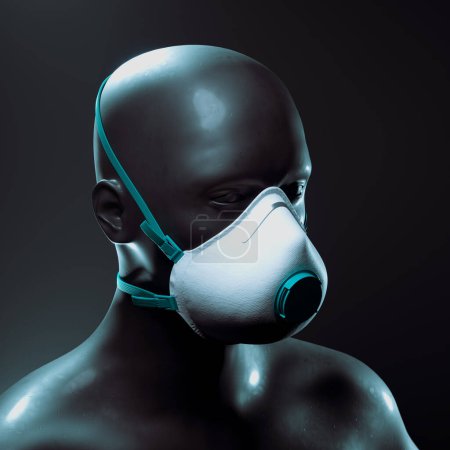 Téléchargez les photos : Un fond noir intense accentue la tête du mannequin munie d'un masque respiratoire professionnel, soulignant l'importance des stratégies de sécurité en matière de santé au travail et de prévention des maladies aéroportées. - en image libre de droit