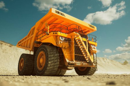 Image captivante capturant l'essence d'un immense camion à benne orange en action sur un site minier animé, face au contraste saisissant d'un ciel bleu vif et d'un terrain minier rude.