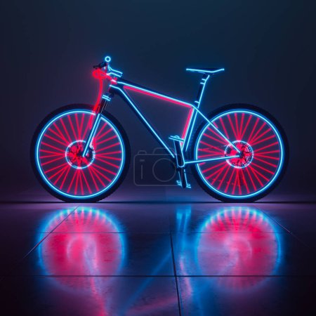 Photo for A striking mountain bike bathed in neon lighting stands out with its red wheels and blue frame against a dark, reflective background in a mesmerizing display. - Royalty Free Image