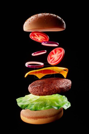 Bezauberndes Bild, in dem jedes Element eines Cheeseburgerbrötchens, Patty, Käse und Gemüse in einem kunstvollen Arrangement vor einem schroffen schwarzen Hintergrund schwebt und ein Gefühl von kulinarischer Magie hervorruft