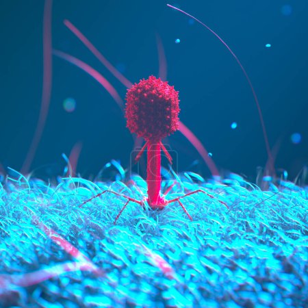 Dieses Bild zeigt ein kugelförmiges Teilchen, das an ein Virus erinnert, mit komplizierten Vorwölbungen, die auf einer körnigen Oberfläche liegen und in einen intensiven Blauton getaucht sind, was auf ein wissenschaftliches Motiv hindeutet..