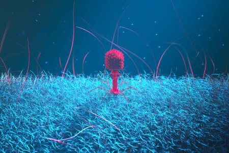 Cette image haute définition présente un rendu 3D détaillé d'un bactériohage et d'une bactérie e coli dans un contexte bleu intense, symbolisant une visualisation scientifique avancée..