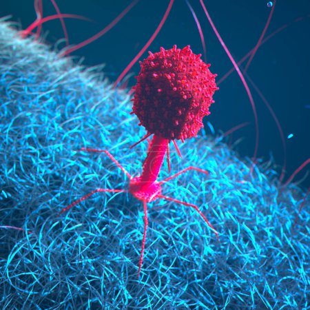 Dieses hochauflösende Bild zeigt eine detaillierte 3D-Darstellung eines Bakteriohages und E-Coli-Bakterien vor einem grell blauen Hintergrund und symbolisiert eine fortschrittliche wissenschaftliche Visualisierung..