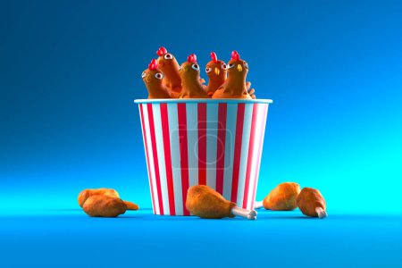 Foto de Una atractiva ilustración en 3D, que representa alegres pollos de dibujos animados enclavados en un cubo de palomitas de maíz de gran tamaño, con granos extraviados y muslos contra un fondo azul vivo. - Imagen libre de derechos